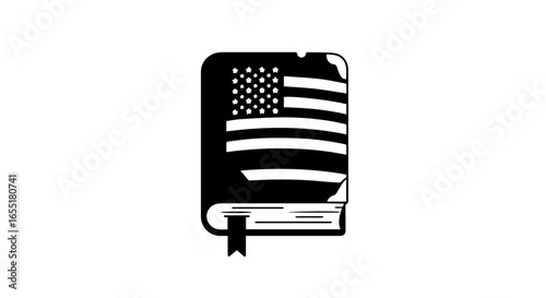 Stylized black and white icon of a book with an American flag cover featuring stars stripes and a bookmark.