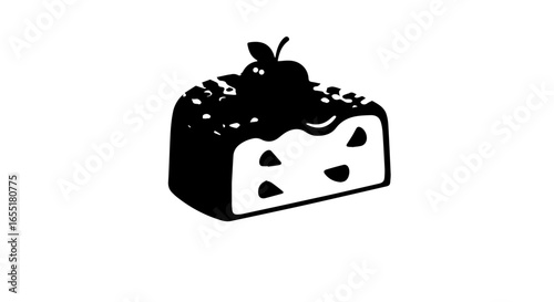 Stylized black and white icon of a cake slice with icing and a cherry garnish.