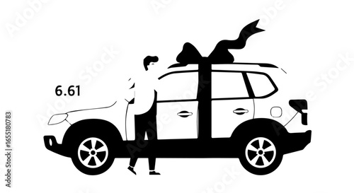 Stylized black and white illustration of a person standing next to a new SUV car decorated with a large gift bow.