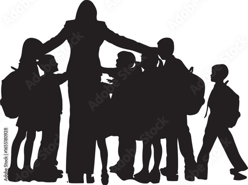 Teacher guiding students with backpacks children school