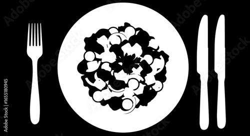Stylized black and white place setting with a detailed salad on a round plate flanked by a fork and two knives.