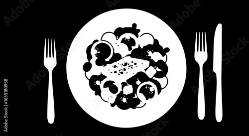 Stylized black and white silhouette of a dinner plate with a fresh meal and cutlery.