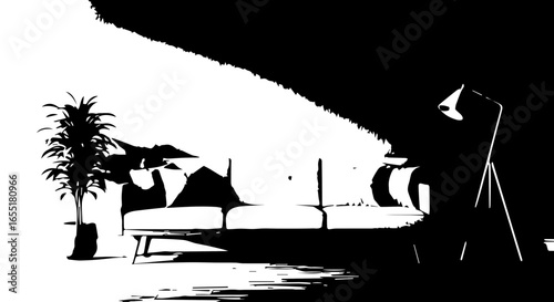 Stylized black and white silhouette of a modern living room interior with a sofa floor lamp and plant.