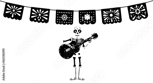 Stylized black and white skeleton guitarist celebrating under a festive papel picado banner.