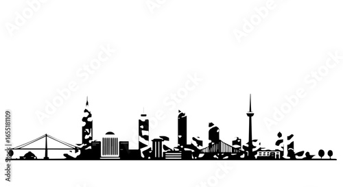 Stylized black city skyline silhouette with abstract blotchy patterns and iconic landmarks.