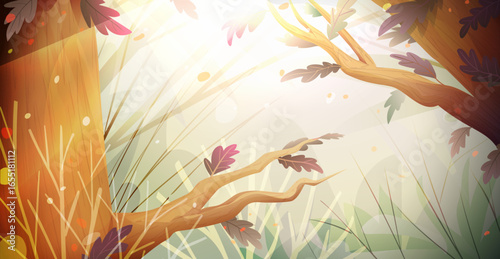 Autumn woodland or forest scenery background, colorful foliage high up the trees. Calm forest setting with sunlight in branches. Hand drawn artistic nature backdrop, vector illustration for kids.