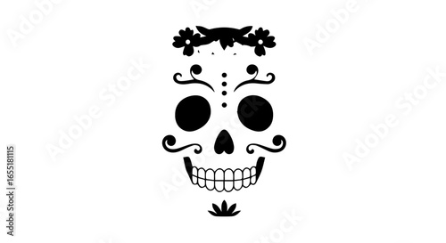 Stylized black calavera sugar skull with a floral crown and decorative swirls.