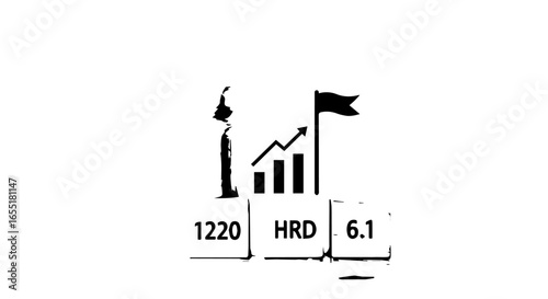 Stylized black graphic icon of a business growth chart goal flag and data metrics.