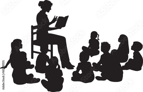 Teacher reading to children seated on floor book