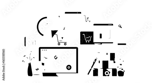 Stylized black graphic icons representing online shopping digital work and ecommerce.