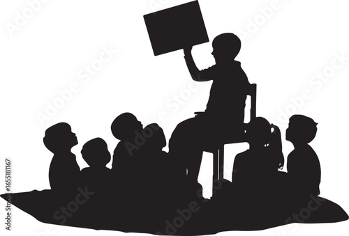 Teacher reading to attentive children book classroom