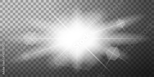 White glowing light burst transparent explosion. Vector illustration for decoration cool effect with ray glitter. Bright star. Transparent gradient glitter sparkle, bright glare. Glare texture.