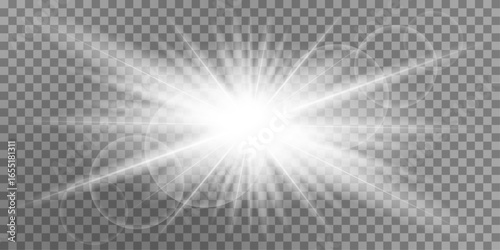 White glowing light explosive burst. New Year illustration for decoration cooling effect with ray glitter. Bright star. Transparent glitter gradient, unforgettable shine. Glare texture.