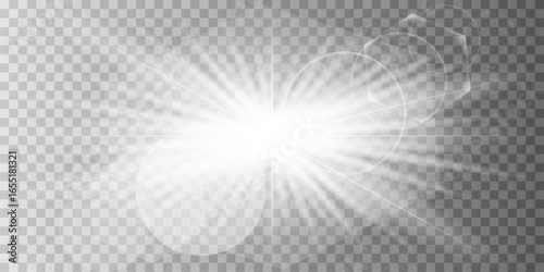 White glowing light explosive burst. New Year illustration for decoration cooling effect with ray glitter. Bright star. Transparent glitter gradient, unforgettable shine. Glare texture.