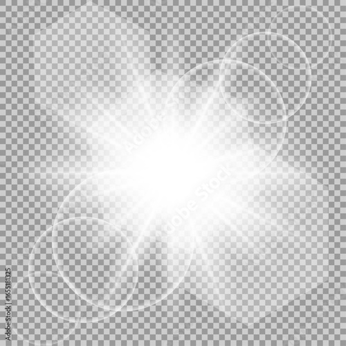 White glowing light explosive burst. New Year illustration for decoration cooling effect with ray glitter. Bright star. Transparent glitter gradient, unforgettable shine. Glare texture.