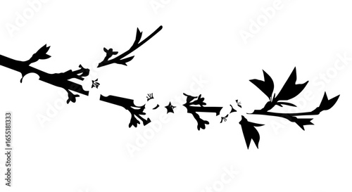 Stylized black silhouette of a broken tree branch with floating blossoms leaves and buds.