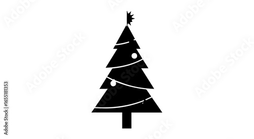 Stylized black silhouette of a decorated Christmas tree with a star topper and ornaments.