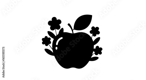 Stylized black silhouette of a glossy apple with a leaf surrounded by simple graphic flowers.