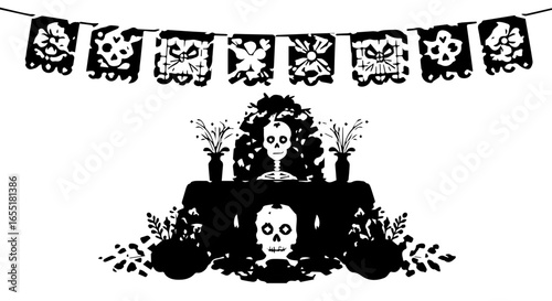Stylized black silhouette of a Mexican Day of the Dead altar with skeletons and papel picado.