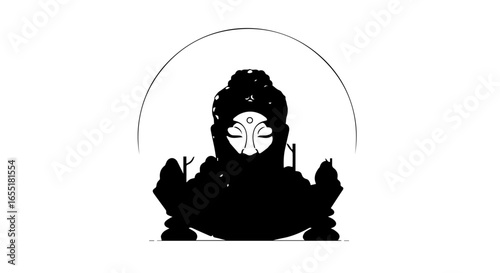 Stylized black silhouette of a serene Buddha meditating with nature elements and a circular halo.