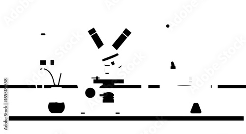 Stylized black silhouette of a science laboratory bench with a microscope flasks and research equipment.