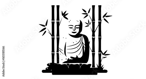 Stylized black silhouette of a serene Buddha meditating peacefully among bamboo stalks.