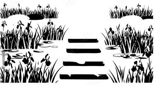 Stylized black silhouette of a serene garden pond with iris flowers reeds and a stepping stone path.
