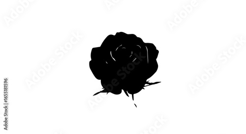 Stylized black silhouette of a single rose blossom with sharp thorns and petal details.