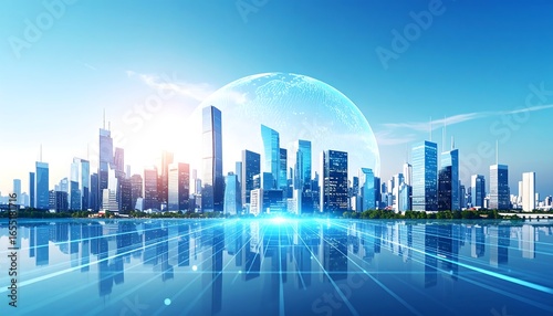 Futuristic city skyline reflected on water