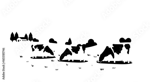 Stylized black silhouettes of three cows with a rural farm landscape creatively depicted in their negative space.