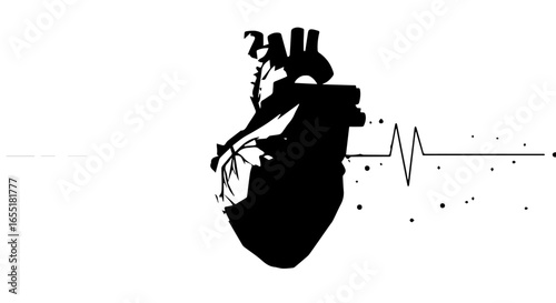 Stylized black silhouette of an anatomical human heart with a cardiogram pulse line.