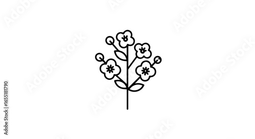Stylized flowering plant with simple blossoms and buds a minimalist black line art icon.