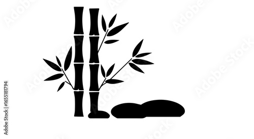 Stylized black silhouette of bamboo stalks with leaves and a smooth stone Asianinspired graphic design.