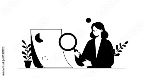 Stylized woman in a black blazer holding a magnifying glass for analysis and investigation.