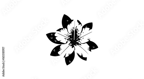 Surreal black and white floral design with six petals formed by abstract fishlike shapes.