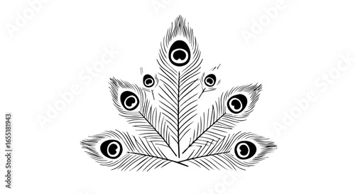 Symmetrical arrangement of black and white peacock feathers in a stylized line art illustration.