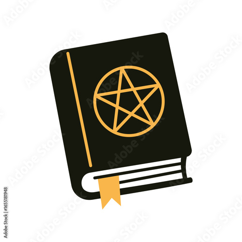 Vector magic spell book with pentagram on cover. Halloween dark occult grimoire clipart in flat design. Illustration of halloween witchcraft element in black color.