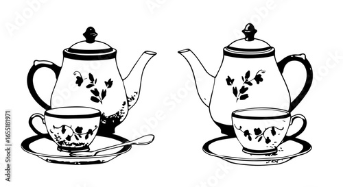 Symmetrical black and white line art of two vintage tea sets with floral patterns.