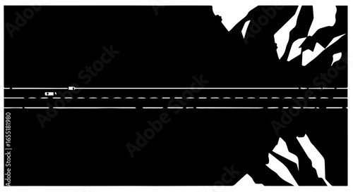 Symmetrical black and white graphic of a car on a highway with mountain reflections.