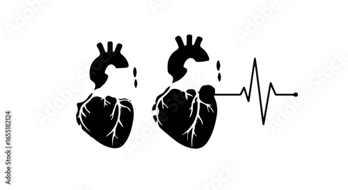 Two black anatomical heart silhouettes one connected to a rhythmic EKG pulse line icon.