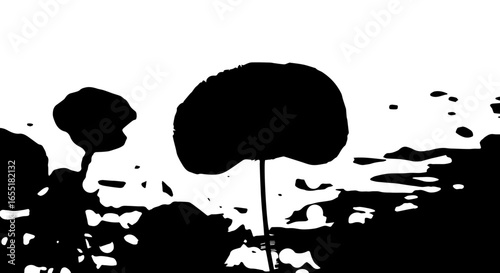 Two abstract mushrooms in a stark black and white graphic silhouette style.