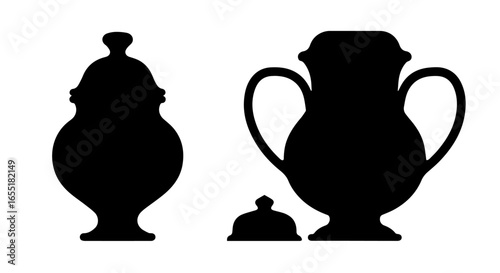 Two black silhouettes of antiquestyle vessels a lidded jar and a twohandled urn.