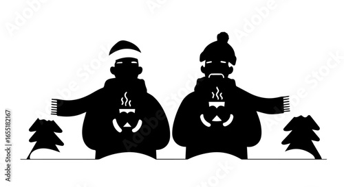 Two black silhouette figures in winter hats with steaming cup jackolantern sweaters.