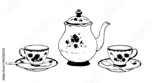Vintage tea set with floral pattern a classic teapot two cups saucers and spoons in a black and white line art illustration.