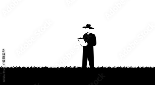 Vector silhouette of a farmer or inspector wearing a hat and holding a clipboard while standing in a field.