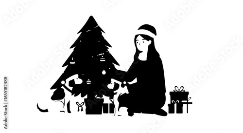 Woman Decorating Christmas Tree with Dogs and Presents, Black and White
