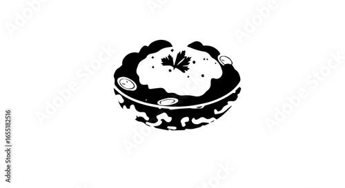 A black and white graphic illustration of a rustic bowl of creamy soup or dip garnished with a fresh parsley sprig.