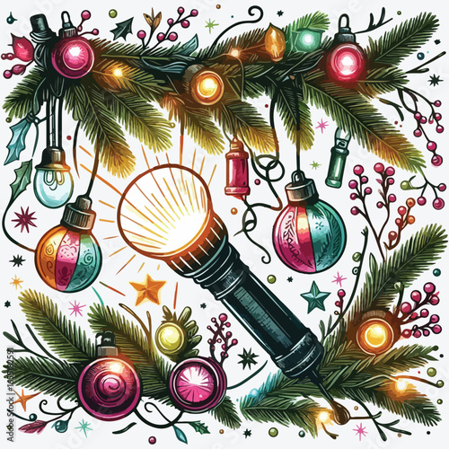 Branches with flashlight and Christmas tree toys stock illustration