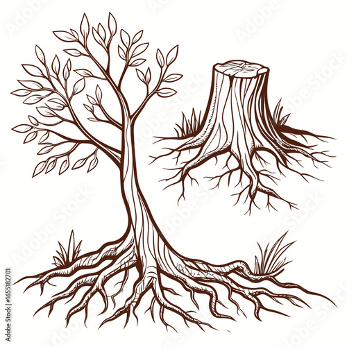 Various brown tree or shrub roots. Parts of plant, root system with tree stump. Dendrology, study of woody plants. Sketch drawing. Vector illustration