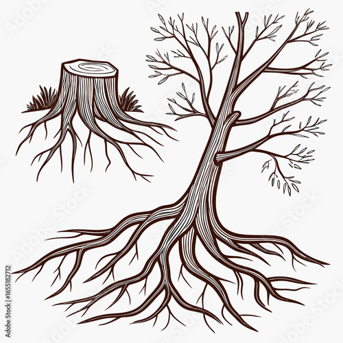 Various brown tree or shrub roots. Parts of plant, root system with tree stump. Dendrology, study of woody plants. Sketch drawing. Vector illustration
